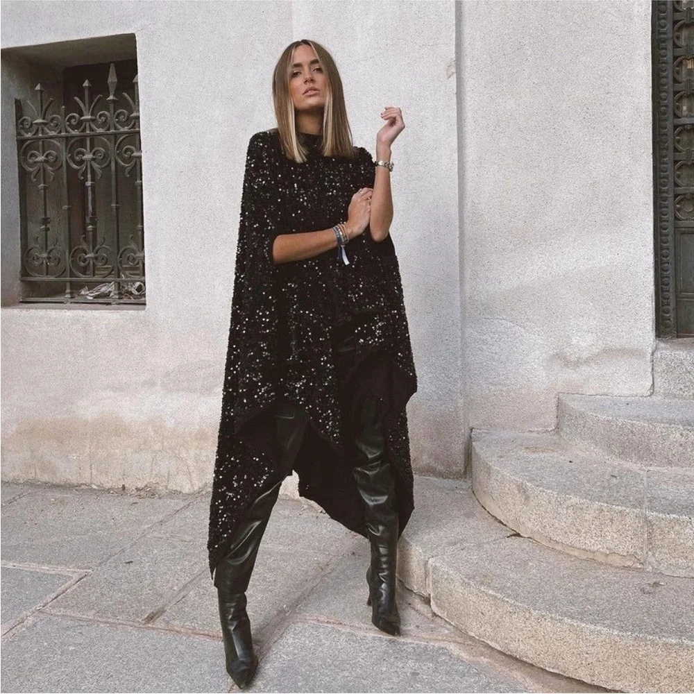 Rare and hard to find ZARA LIMITED EDITION SEQUIN CAPE / WOOL KNIT PONCHO BLACK - Picture 10 of 17